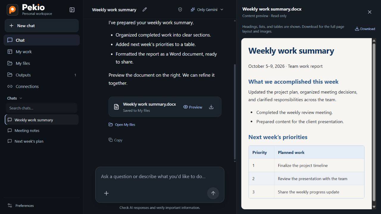 A weekly Word report prepared in Pekio