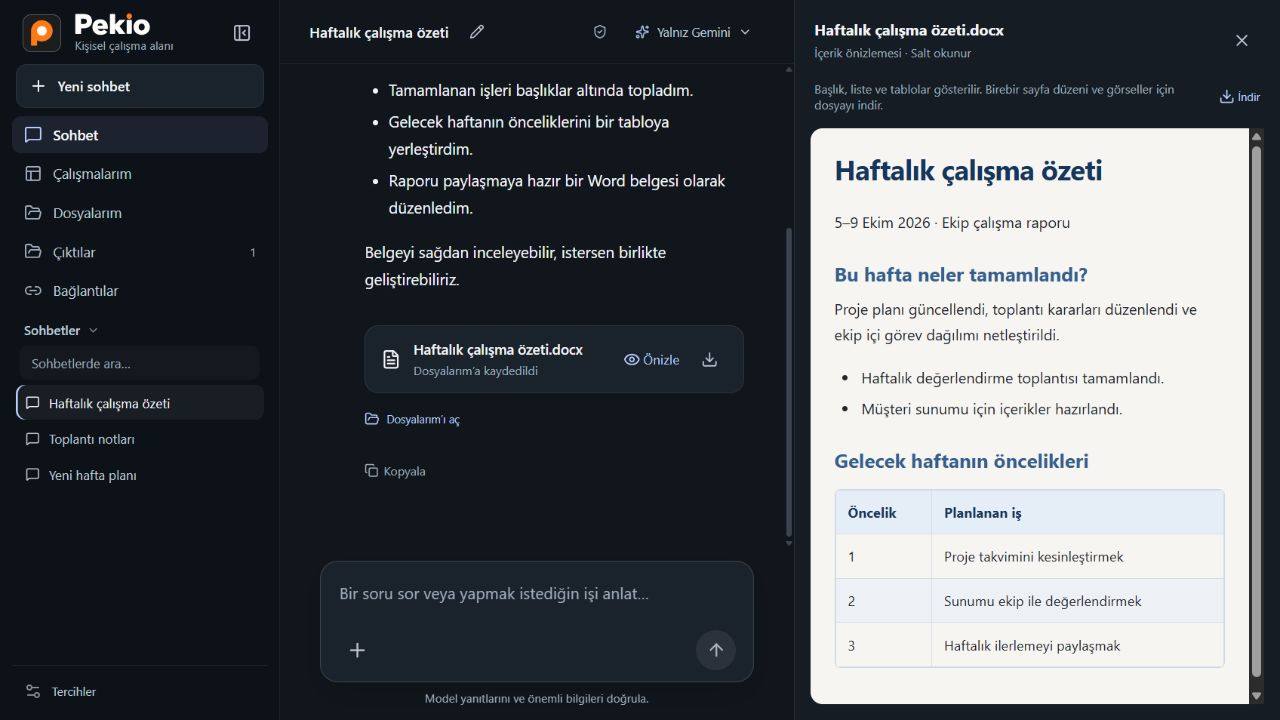 Pekio içinde hazırlanan haftalık Word raporu